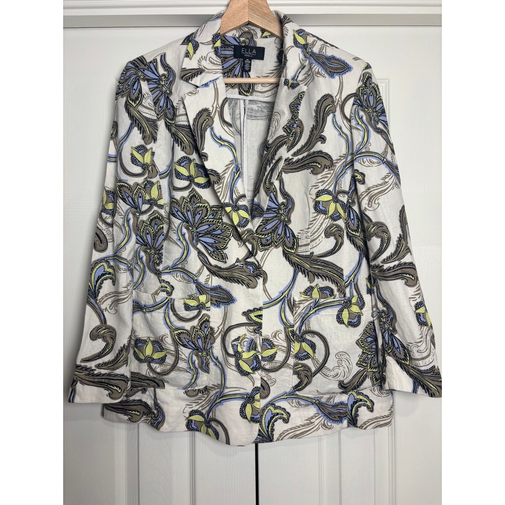 Ella Rafaella Women SP White Paisley Floral Linen Blend Two Button Blazer Jacket